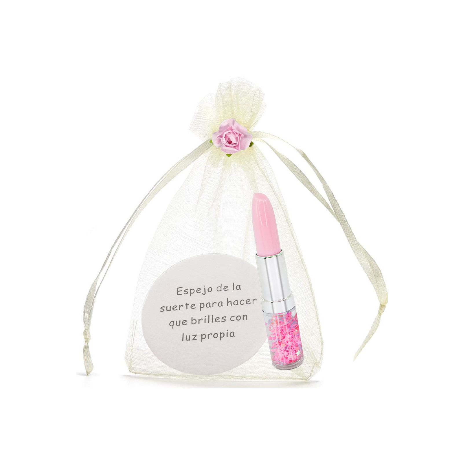 Miroir avec phrase et stylo rouge à lèvres avec confettis présenté dans un sac en organza