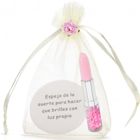 Miroir avec phrase et stylo rouge à lèvres avec confettis présenté dans un sac en organza