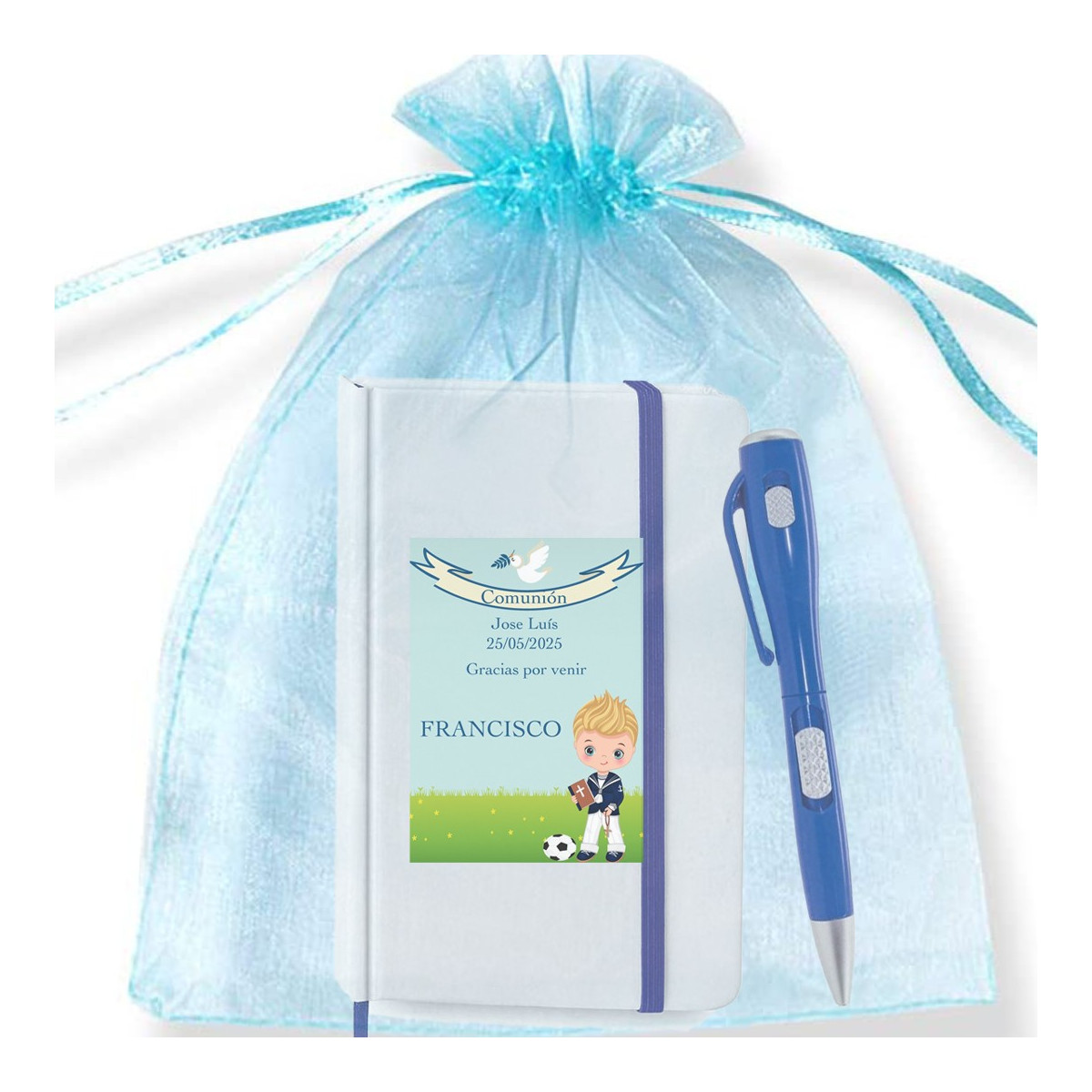 Carnet personnalisé avec le nom de l'invité et un stylo lampe de poche dans un sac en organza