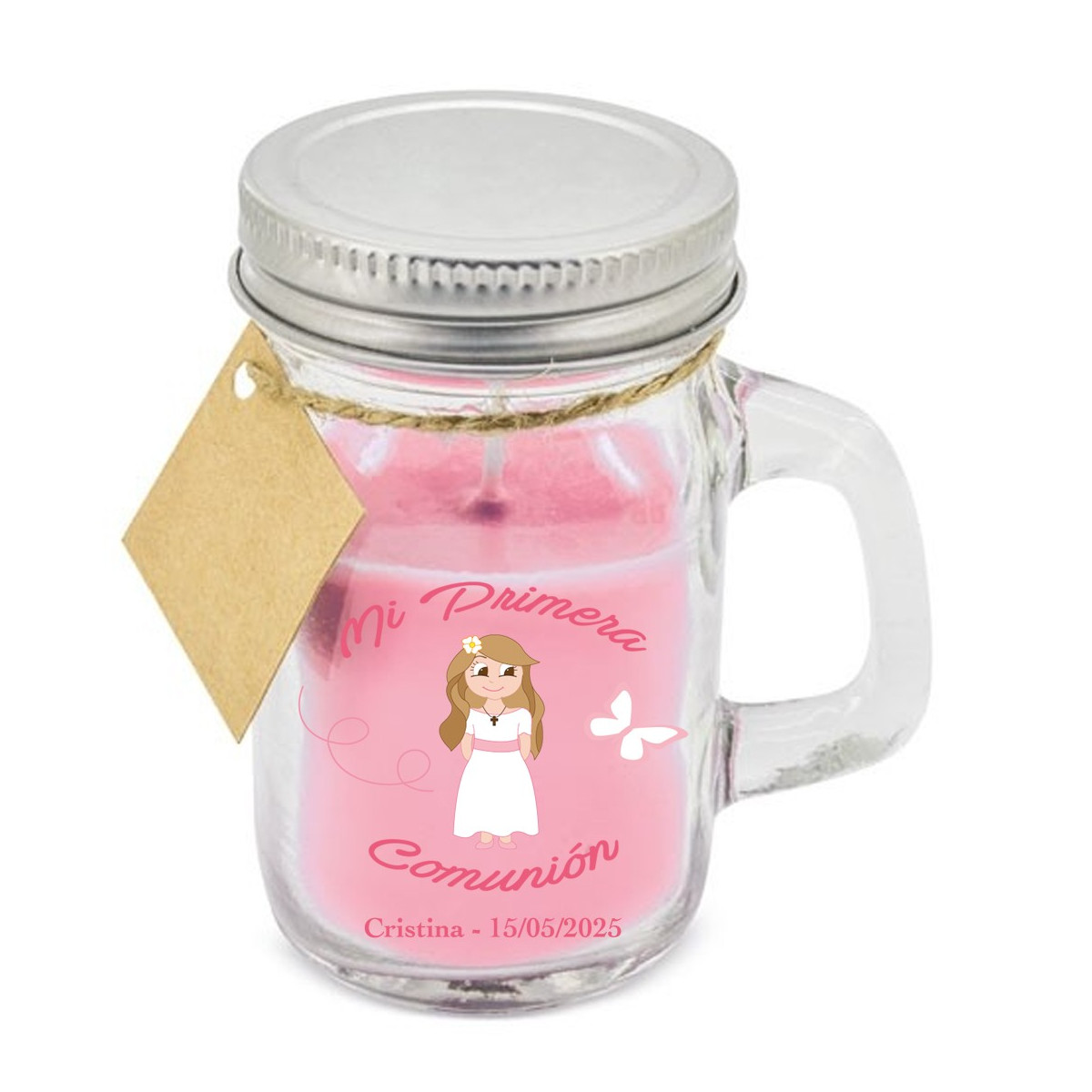 Bougie parfumée personnalisée avec autocollant fille communion avec nom et date