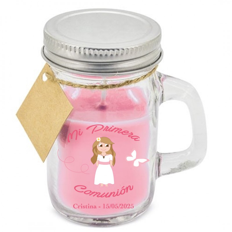 Bougie parfumée personnalisée avec autocollant fille communion avec nom et date