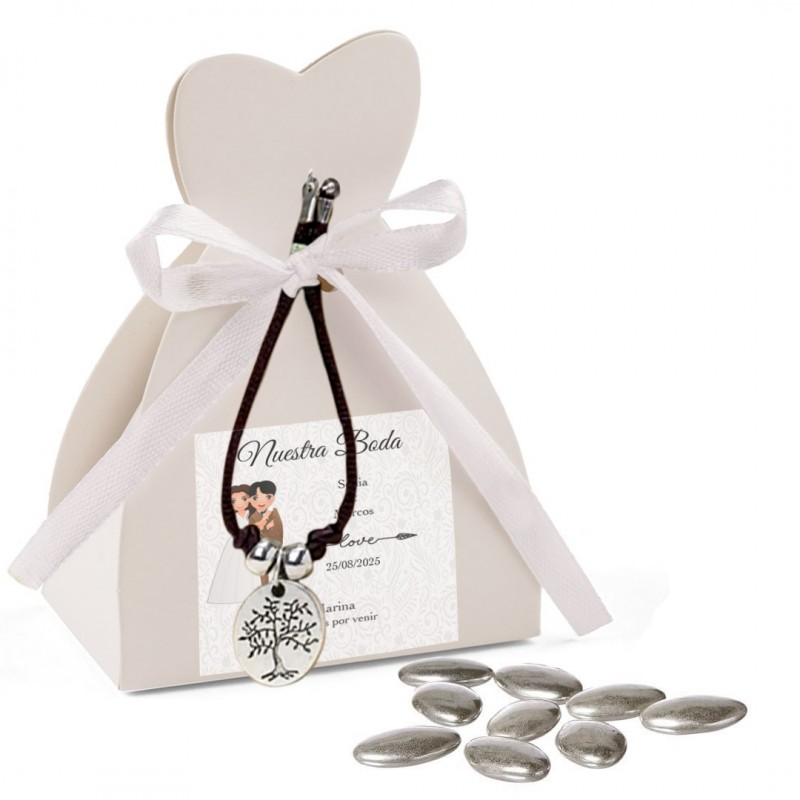 Bracelet arbre de vie avec nom d invité adhésif présenté dans une boîte de mariée