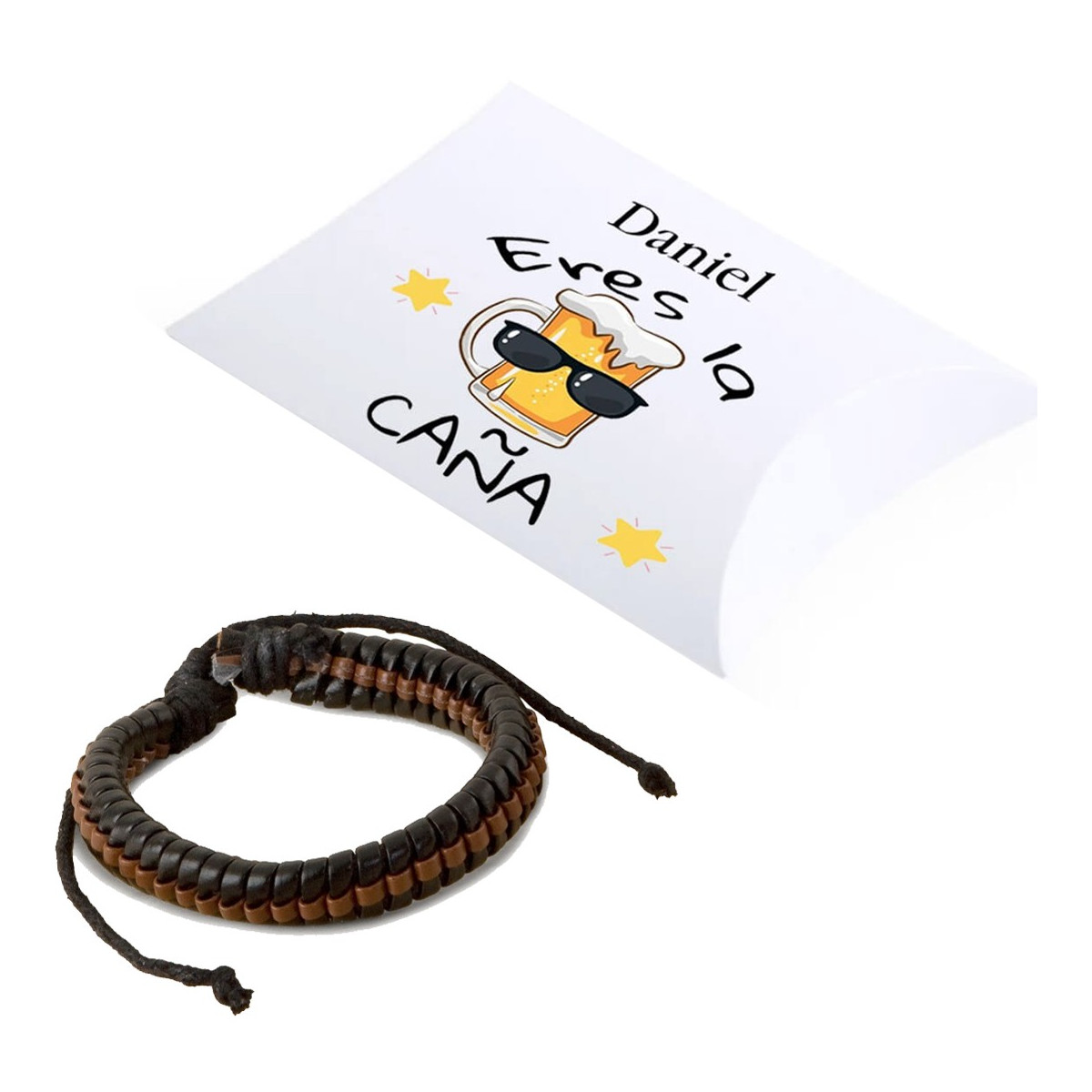Bracelet tressé avec le nom de l'invité en autocollant personnalisé et boîte cadeau