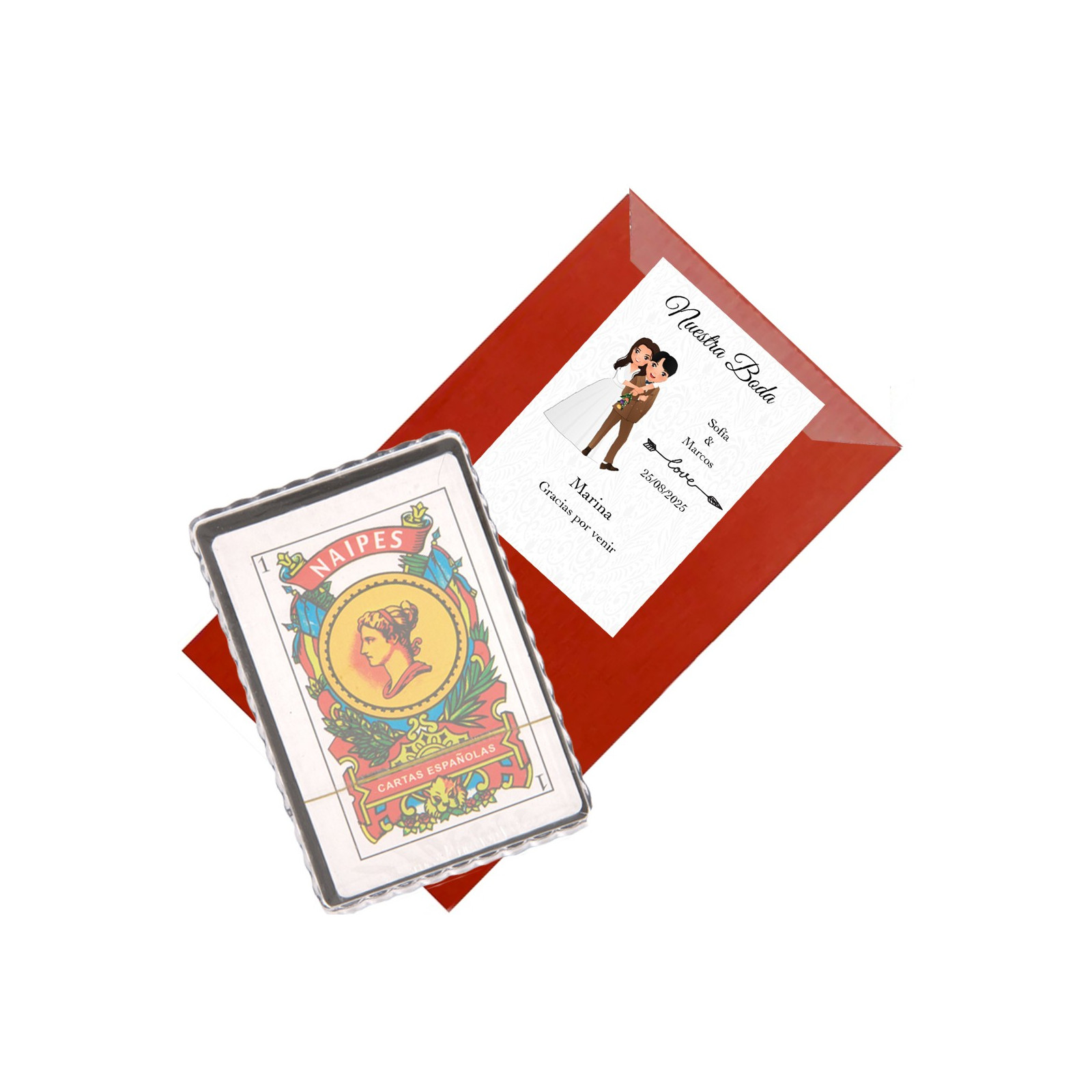 Jeu de cartes espagnol dans une enveloppe kraft avec nom d'invité personnalisé