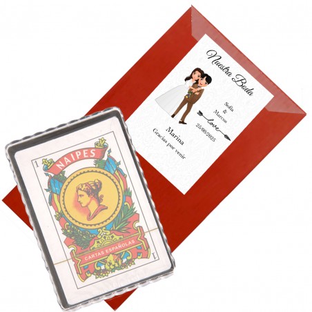 Jeu de cartes espagnol dans une enveloppe kraft avec nom d'invité personnalisé