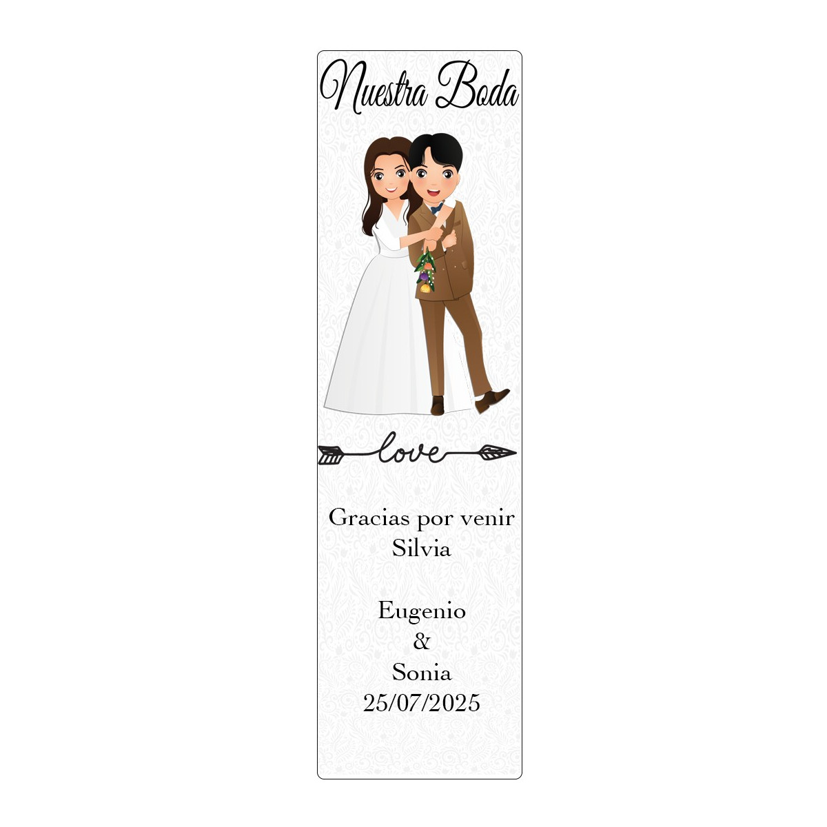 Marque-page de mariage personnalisé avec le nom de l'invité, la phrase, le nom des mariés et la date
