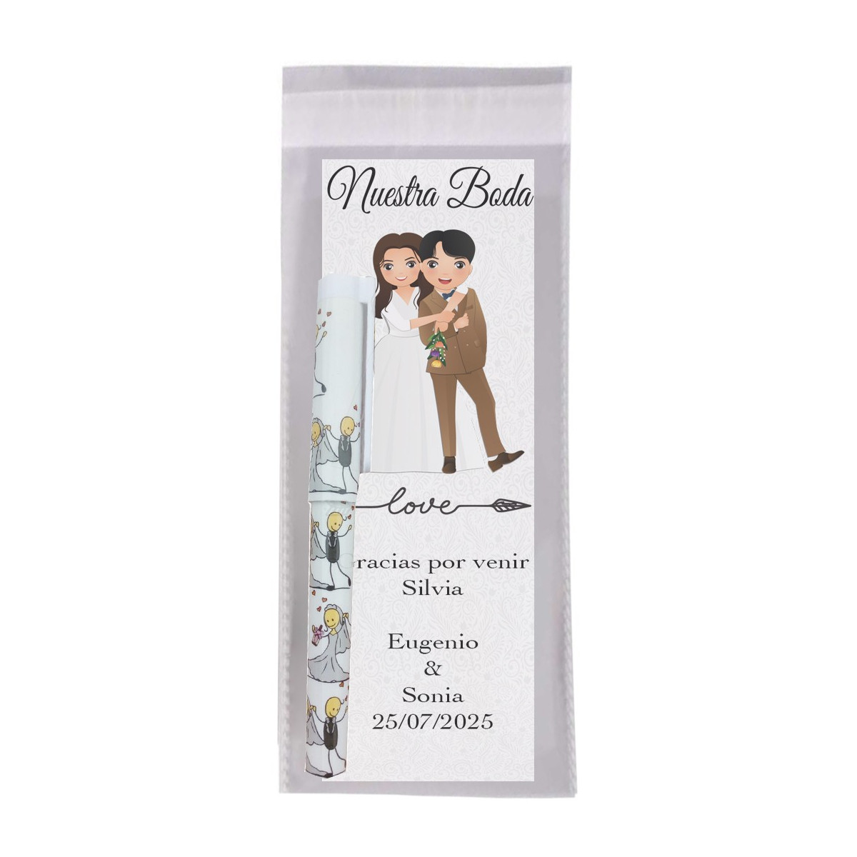 Marque-page avec le nom de l'invité et une phrase de remerciement avec un stylo de mariage présenté dans un sac transparent
