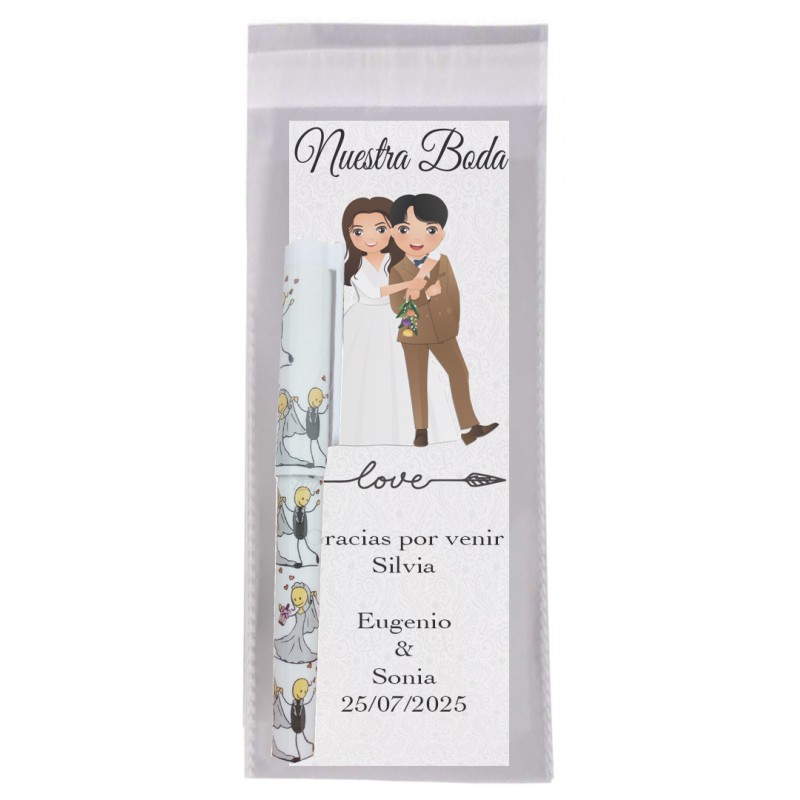 Marque-page avec le nom de l'invité et une phrase de remerciement avec un stylo de mariage présenté dans un sac transparent