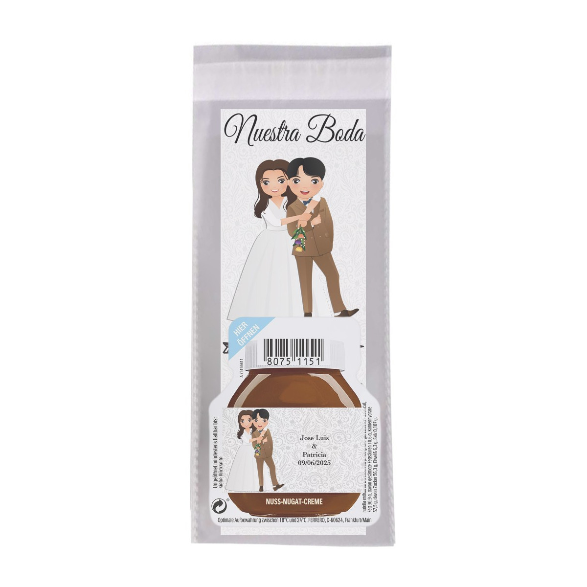 Marque-page avec le nom de l'invité et une phrase de remerciement avec mini Nutella personnalisée avec le nom des mariés
