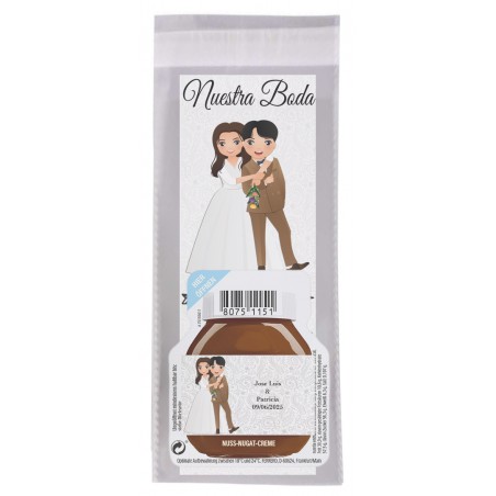 Marque-page avec le nom de l'invité et une phrase de remerciement avec mini Nutella personnalisée avec le nom des mariés