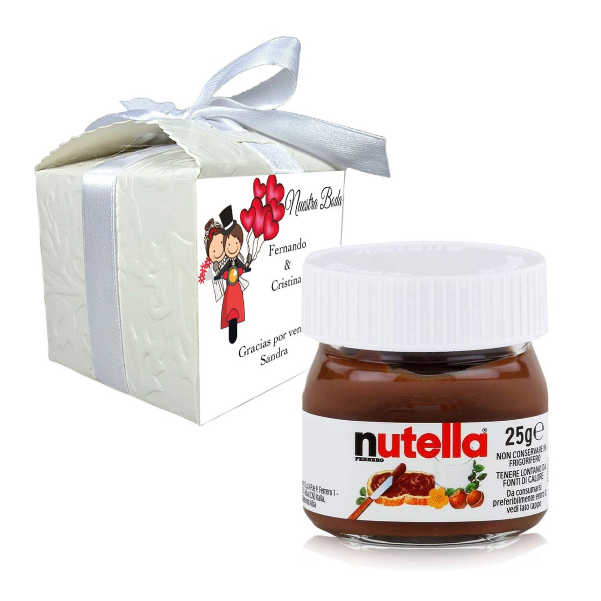 Nutella dans un coffret cadeau personnalisé avec le nom de l'invité et une phrase de remerciement