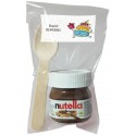 Nutella pour les anniversaires avec une cuillère dans un sachet transparent personnalisé avec un autocollant