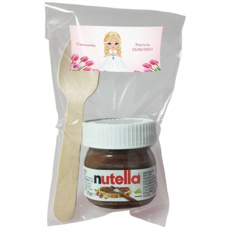 Nutella avec cuillère dans un sac transparent personnalisé avec adhésif pour communion de fille