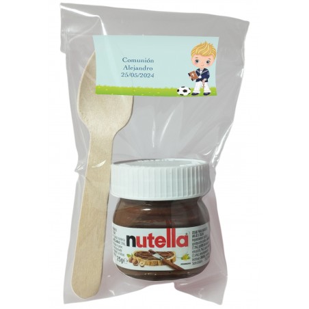 Nutella pour communion enfant avec cuillère dans un sachet transparent personnalisé avec adhésif