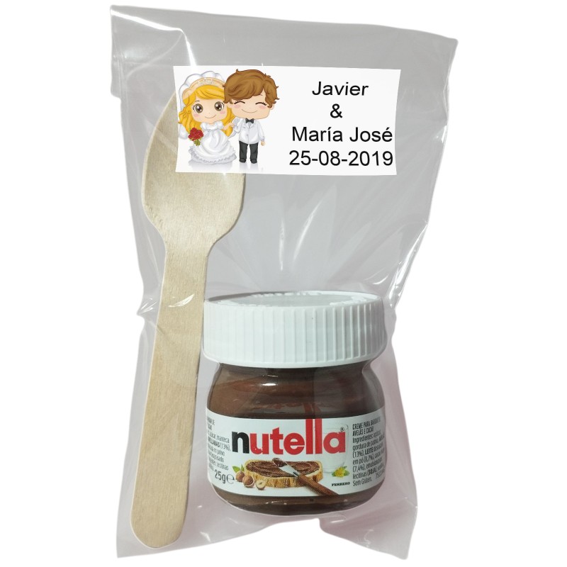 Nutella pour mariage avec cuillère dans un sachet transparent personnalisé avec autocollant