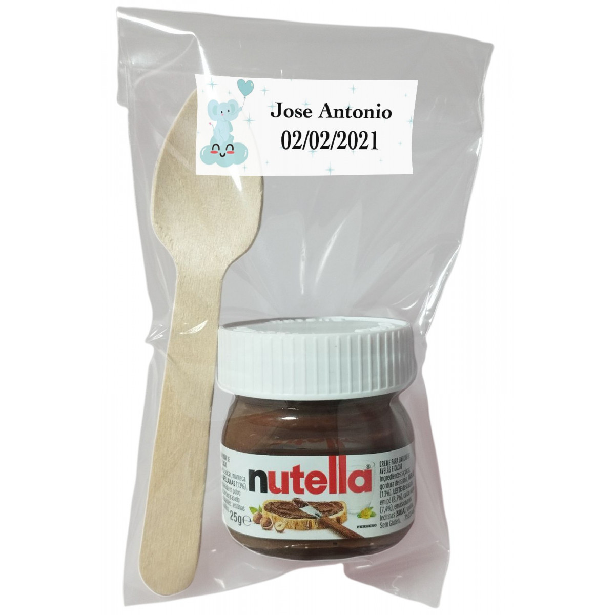 Nutella pour baptême avec cuillère dans un sac transparent personnalisé avec autocollant éléphant bleu