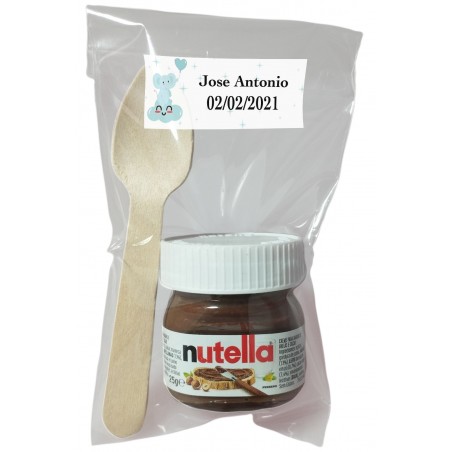 Nutella pour baptême avec cuillère dans un sac transparent personnalisé avec adhésif éléphant bleu