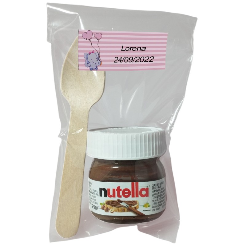 Nutella pour baptême avec cuillère dans un sac transparent personnalisé avec adhésif éléphant rose Nutella pour baptême avec cuillère dans un sac transparent personnalisé avec adhésif éléphant rose