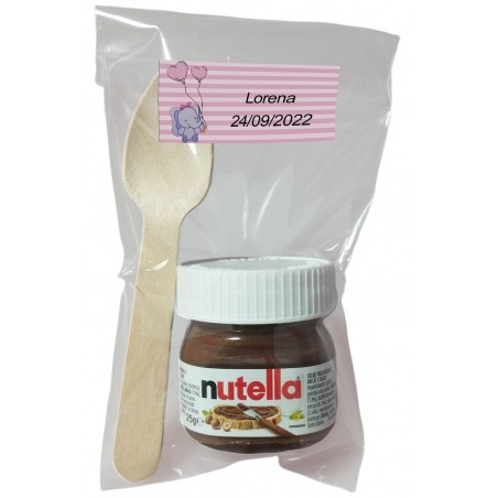 Nutella pour baptême avec cuillère dans un sachet transparent personnalisé avec un autocollant éléphant rose