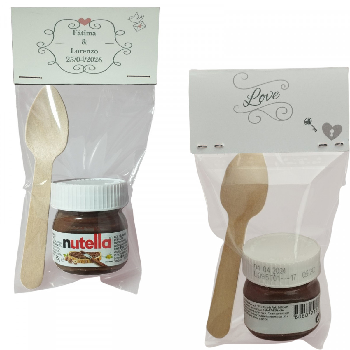 Nutella à la cuillère présenté dans un sachet transparent avec carton d'amour personnalisé
