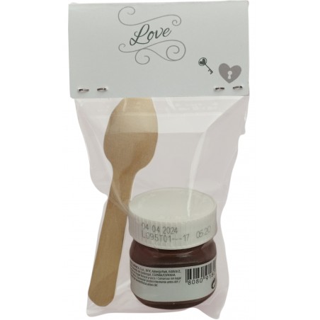 Nutella à la cuillère présenté dans un sachet transparent avec carton d'amour personnalisé