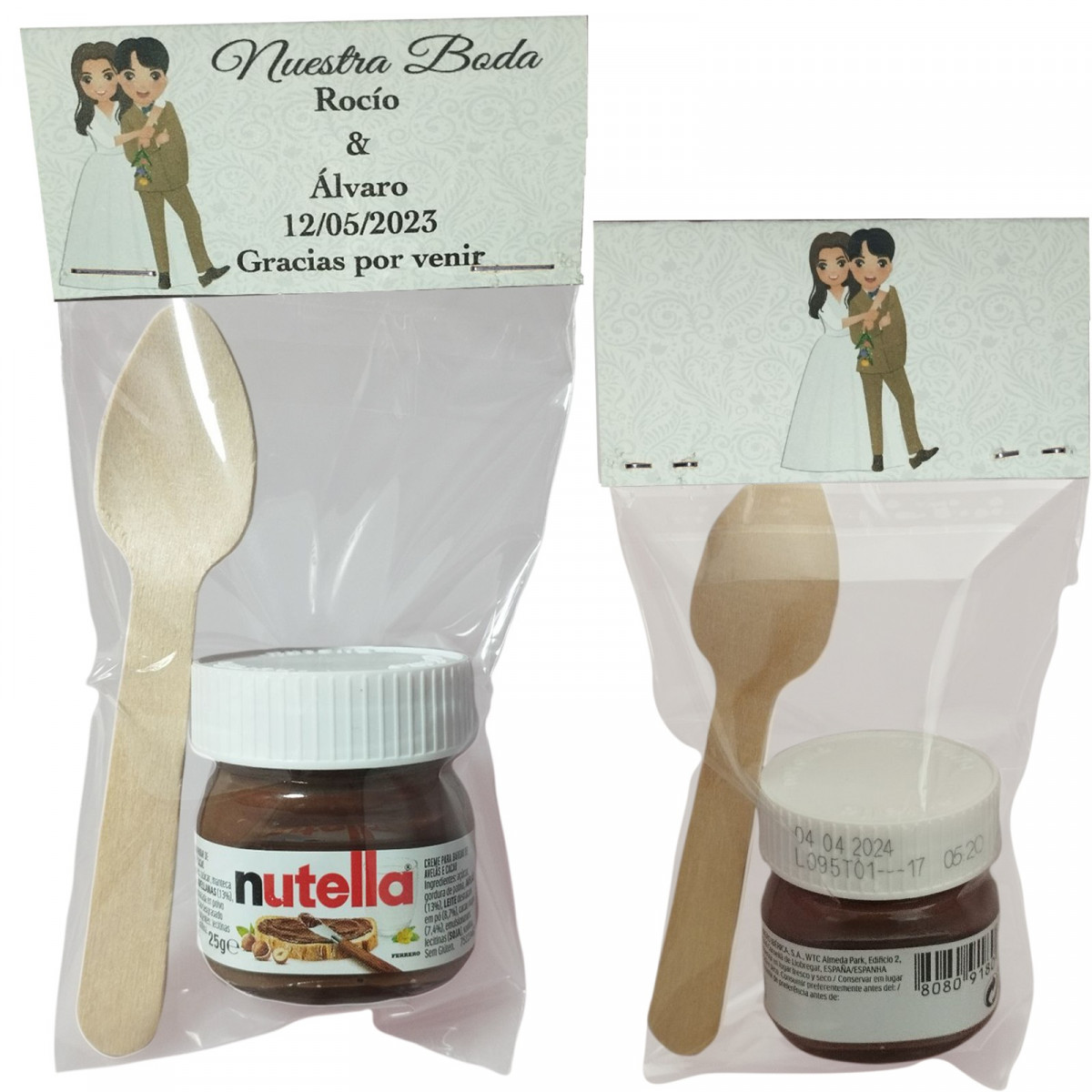 Nutella avec chuchara présenté dans un sachet transparent avec carton personnalisé