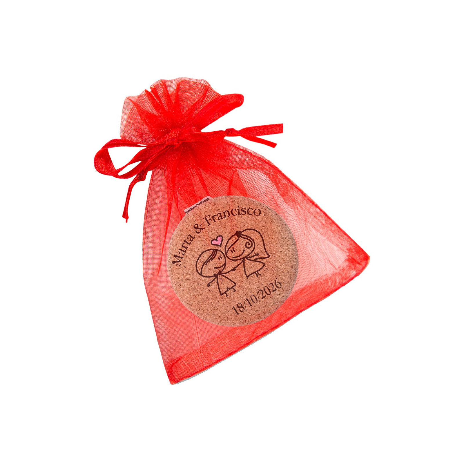 Miroir personnalisé pour mariage avec nom et date présenté dans un sac en organza rouge
