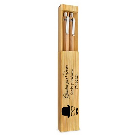 Ensemble stylo et crayon mécanique en bambou personnalisé avec nom et date