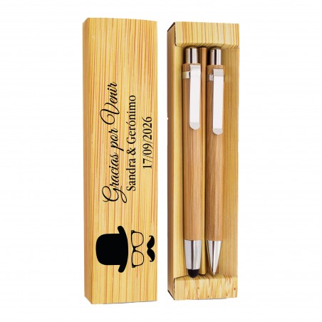 Ensemble stylo à bille et porte mine en bambou personnalisé avec nom et date