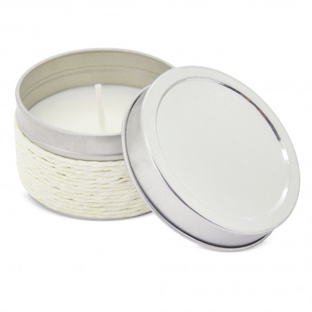Bougie parfumée avec le nom de l'invitée dans un sac en organza beige personnalisé