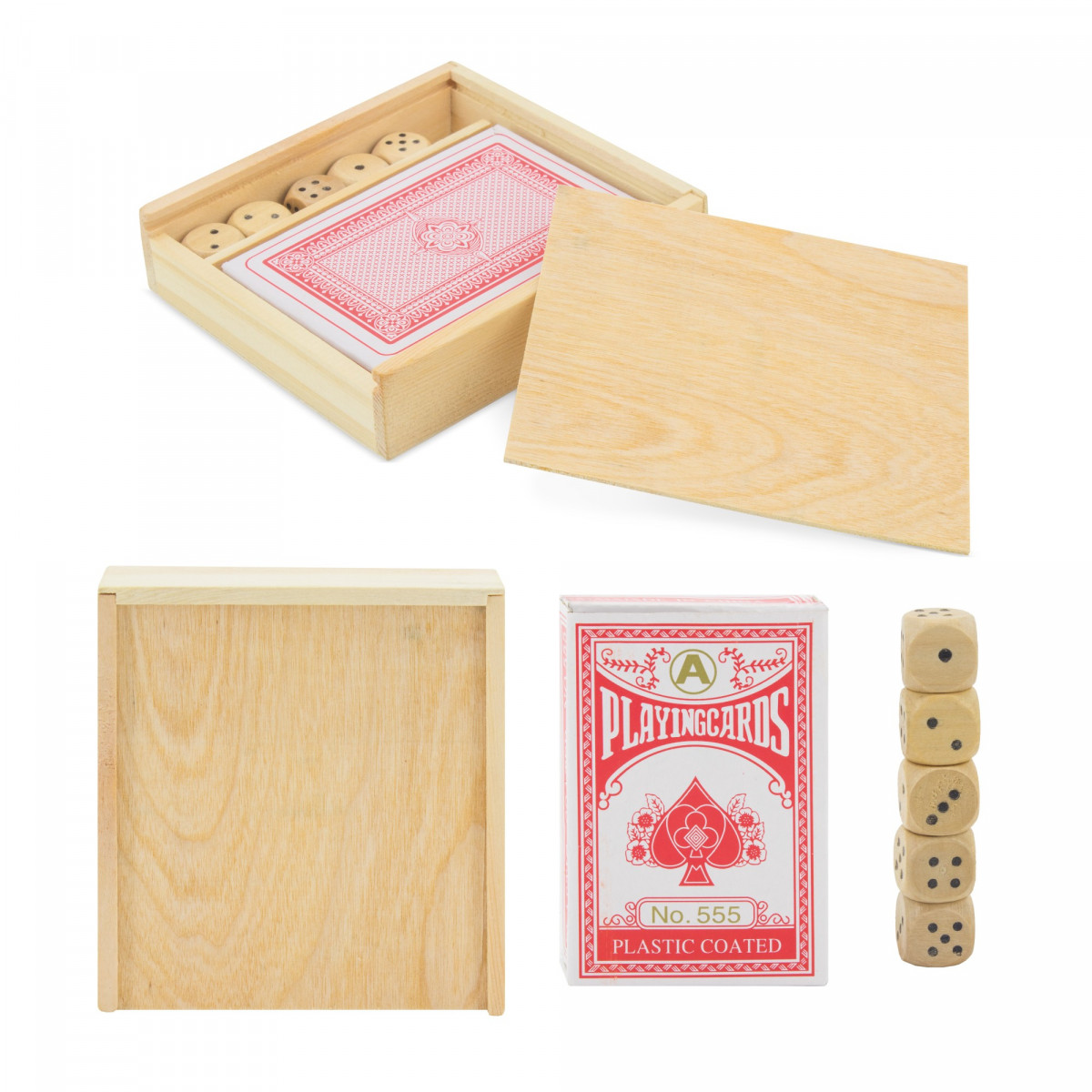 Jeu de cartes et de dés dans une boîte en bois