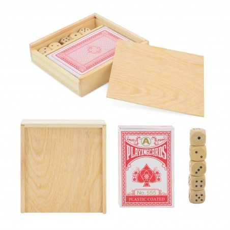 Jeu de cartes et de dés dans une boîte en bois