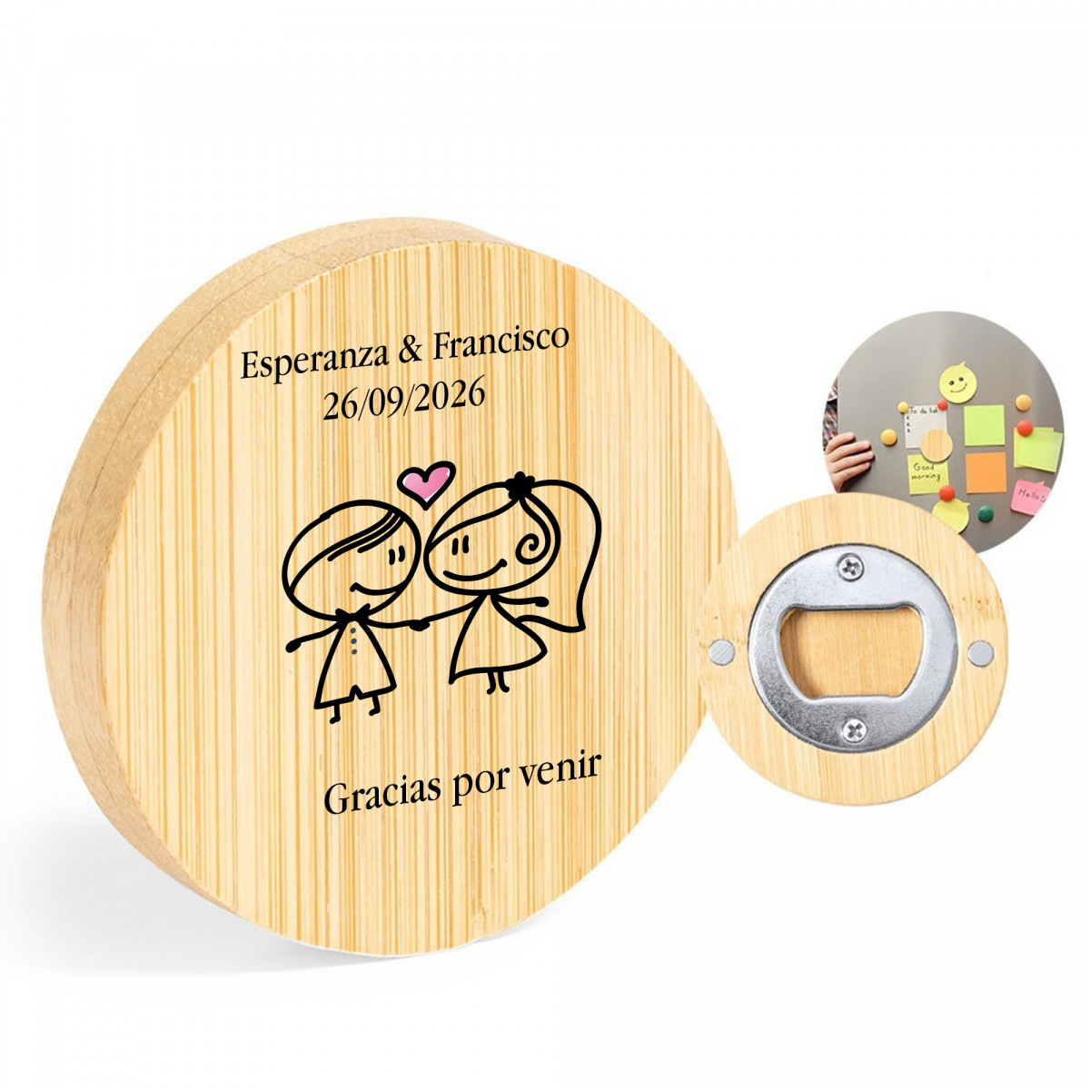 Ouvre-boîte personnalisé avec les noms des mariés et une phrase de remerciement pour les mariages