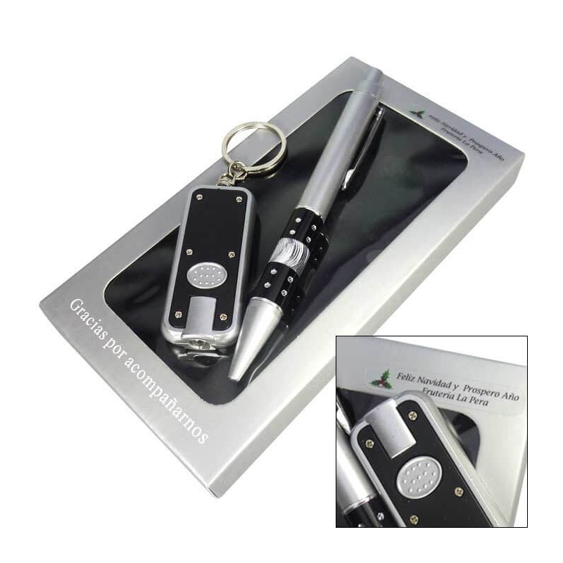 Porte-clés lampe de poche avec stylo dans une boîte en bois personnalisée