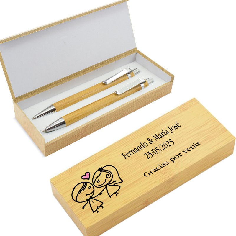 Stylo et porte-mine en bambou dans une boîte personnalisée avec noms et dédicace