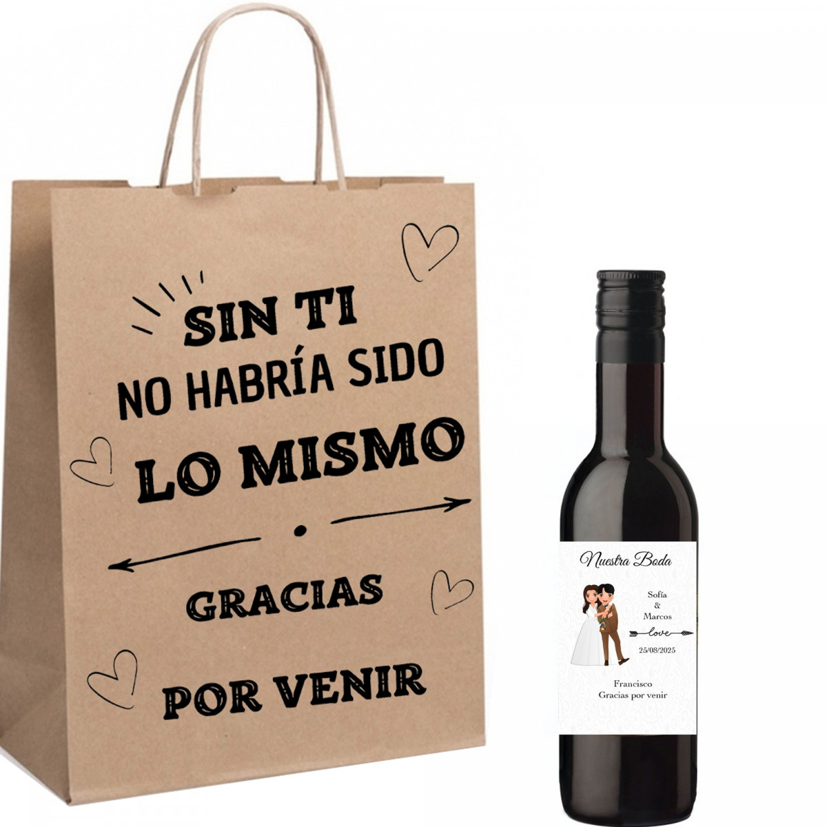 Vin personnalisé avec le nom des invités et des mariés présenté dans un sac avec une dédicace