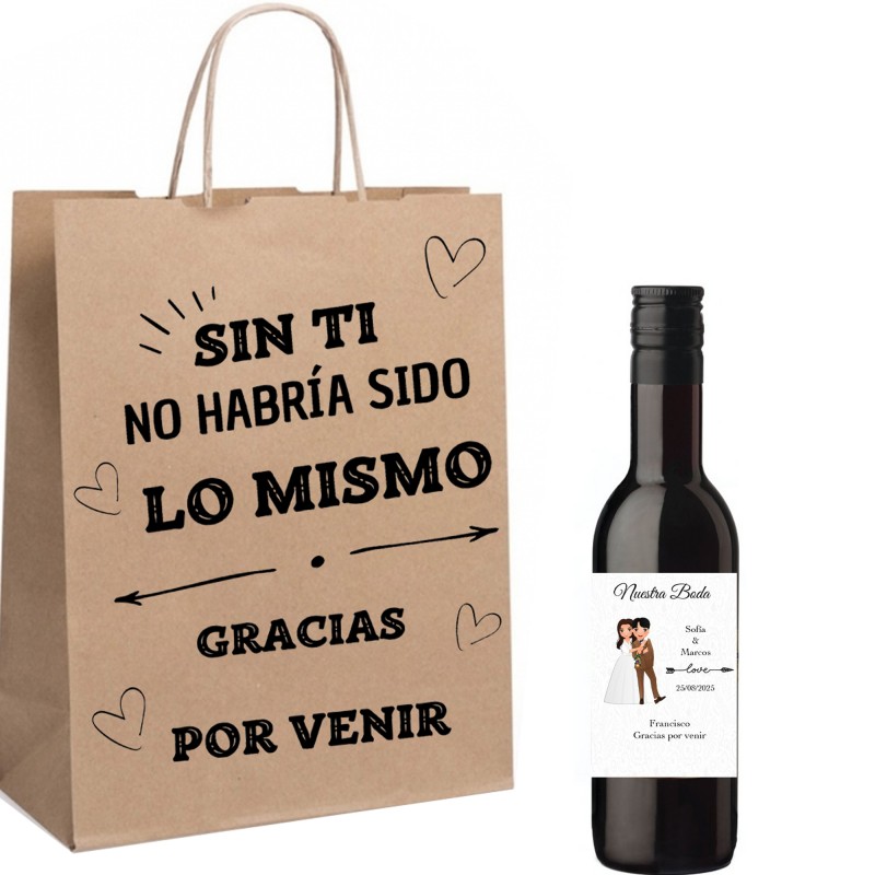 Vin personnalisé avec le nom des invités et des mariés présenté dans un sac avec une dédicace