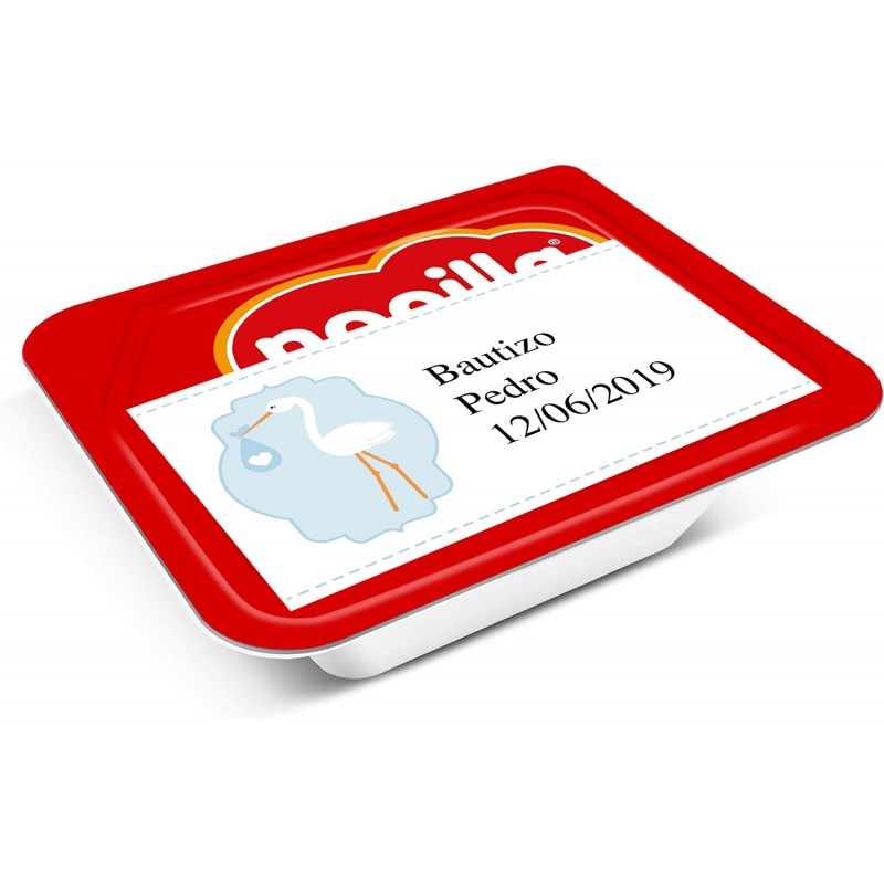 Nocilla mini personnalisée avec nom et date pour le baptême avec autocollant cigogne bleue