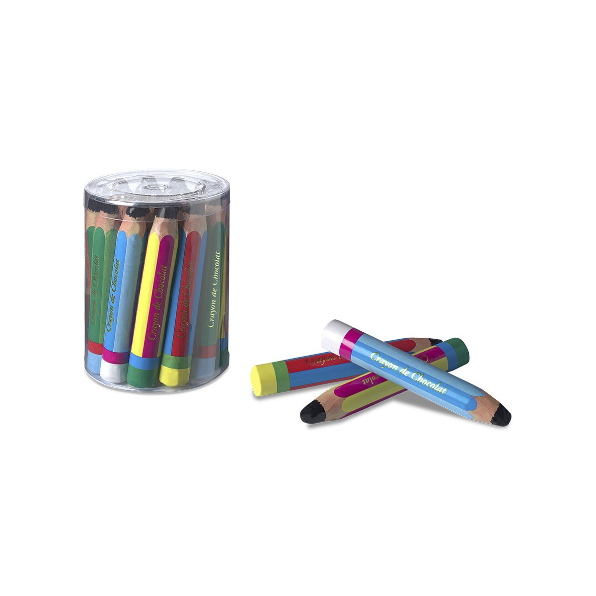 Bocal de 19 crayons en chocolat dans du papier aluminium