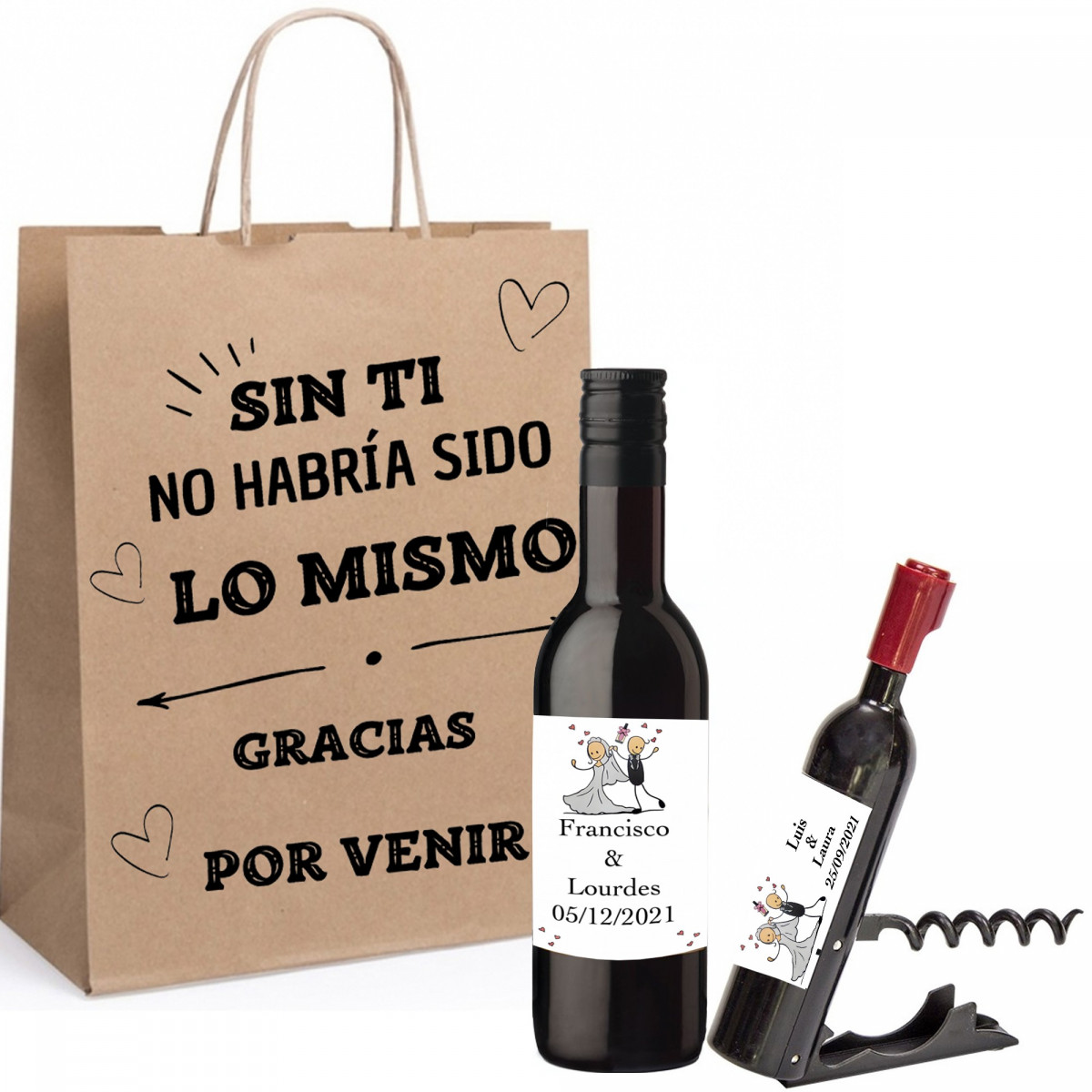 Bouteille de vin personnalisée avec tire bouchon personnalisé présentée dans un sac kraft avec phrase