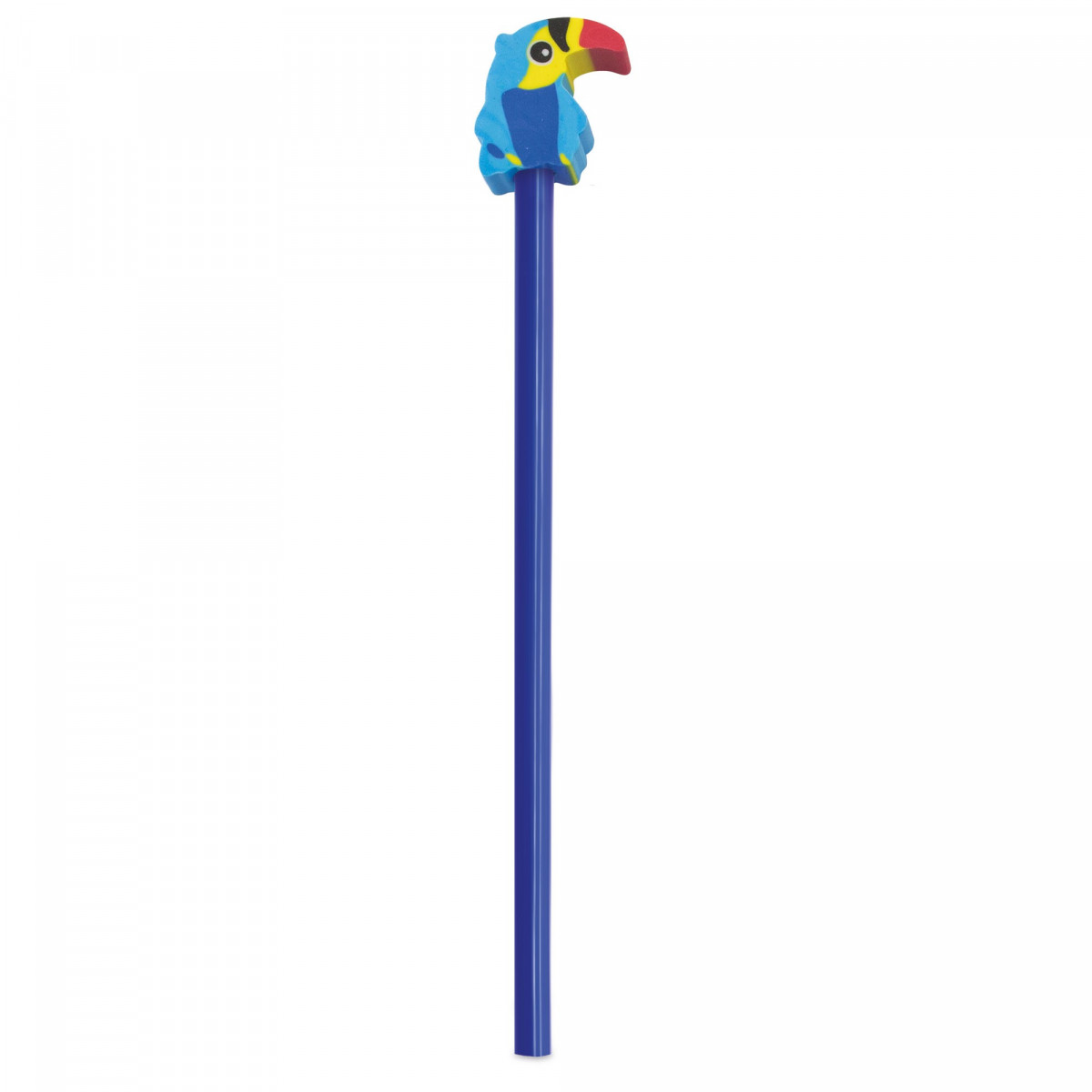 Crayon de couleur bleue avec gomme en forme de perroquet