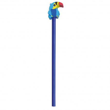 Crayon en bois bleu avec gomme en forme de perroquet