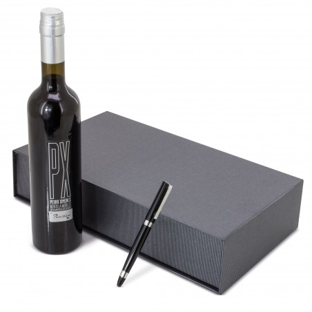 Bouteille de vin Pedro Ximenez avec stylo noir Pierre Cardin présentée dans un écrin