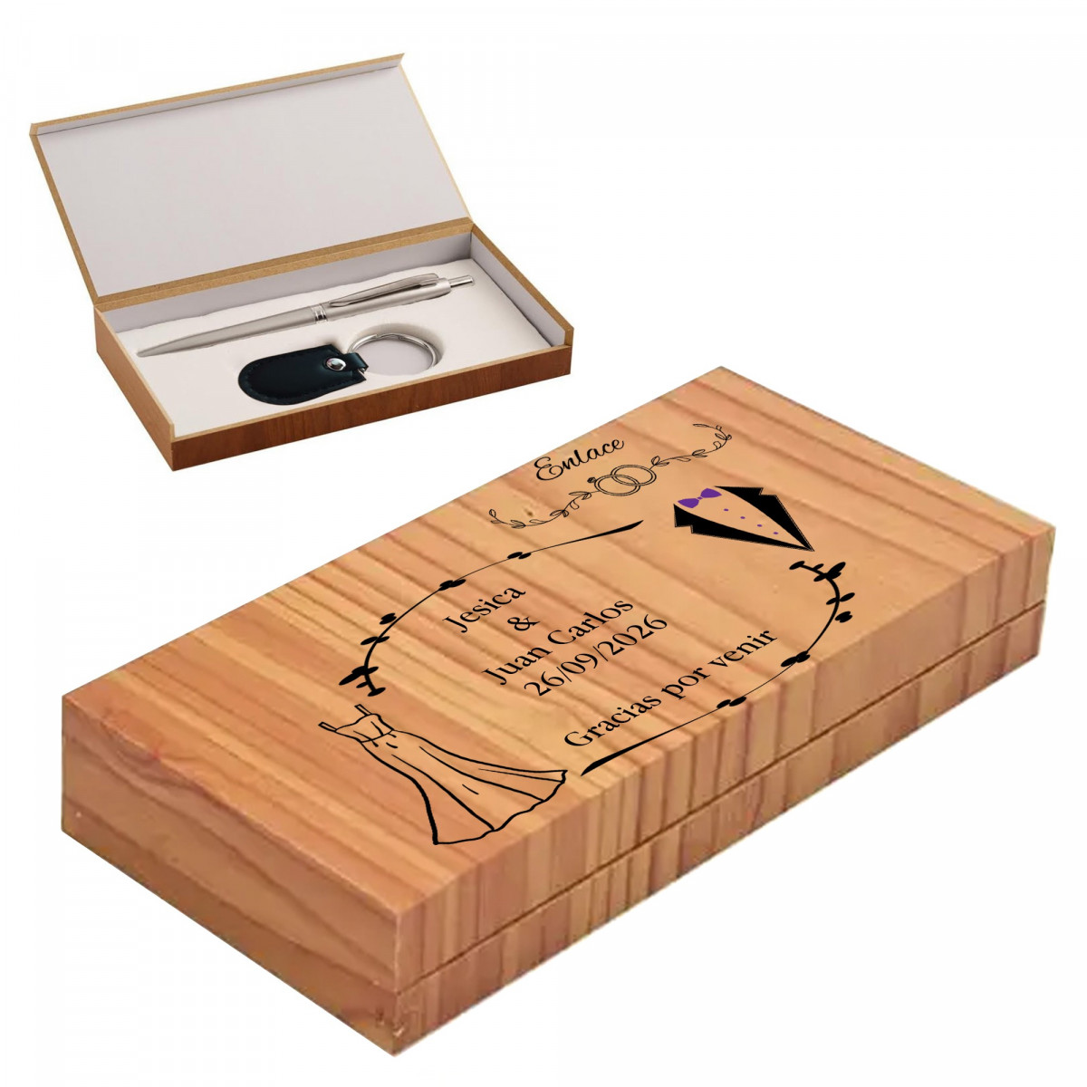 Stylo et porte clés présentés dans une boîte en bois personnalisée pour un mariage avec une phrase de remerciement
