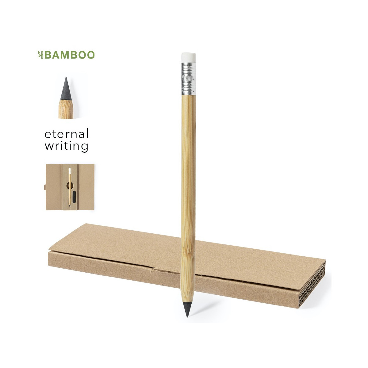 Crayon éternel avec gomme présenté dans une boîte en carton