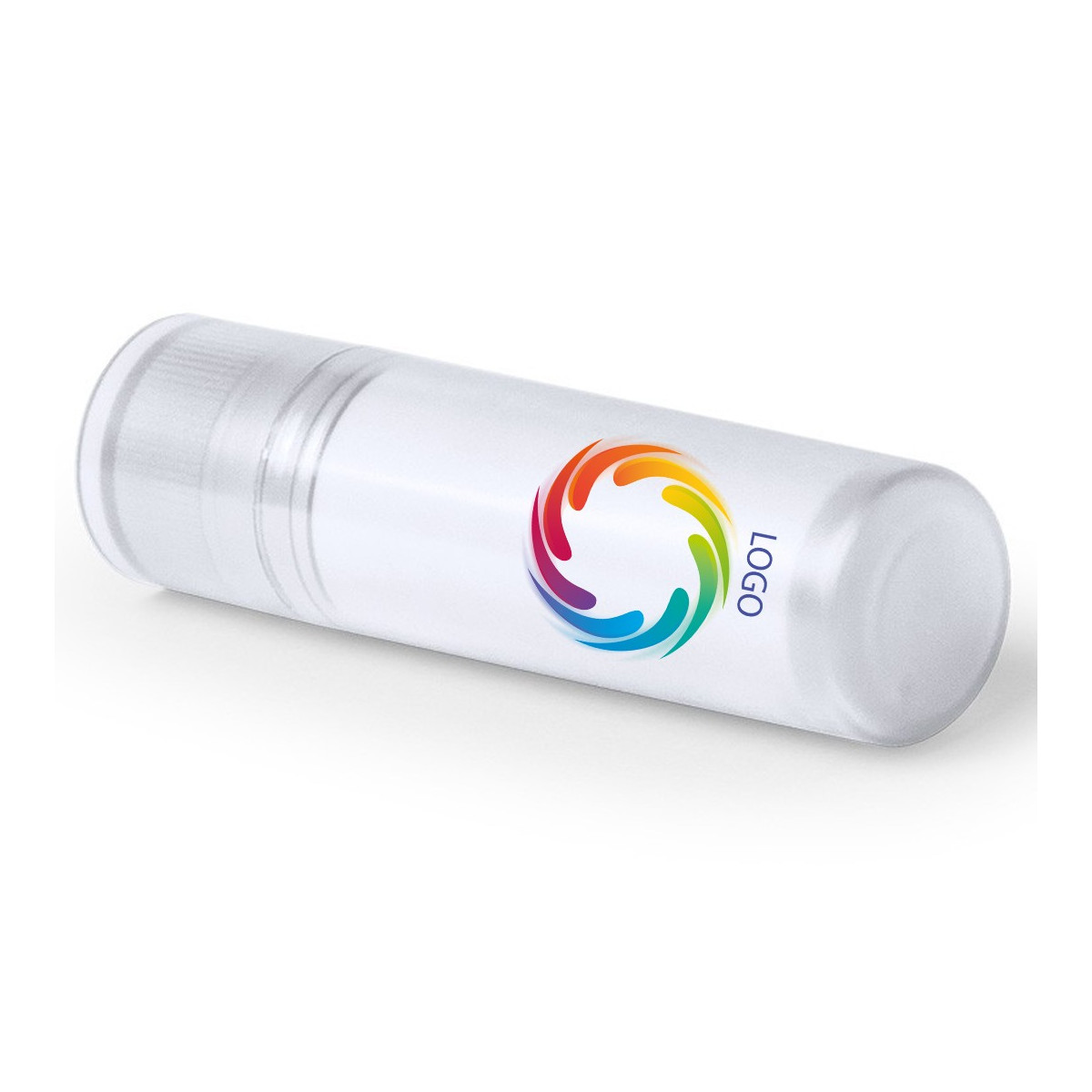 Baume à lèvres blanc personnalisé avec logo et texte en couleur