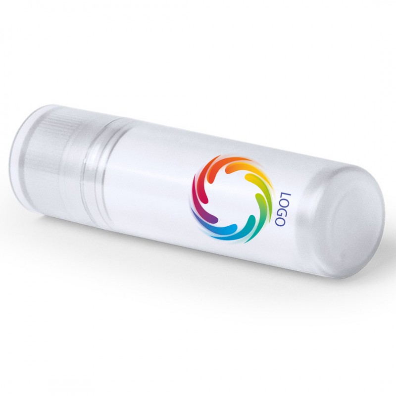 Baume à lèvres blanc personnalisé avec logo et texte en couleur