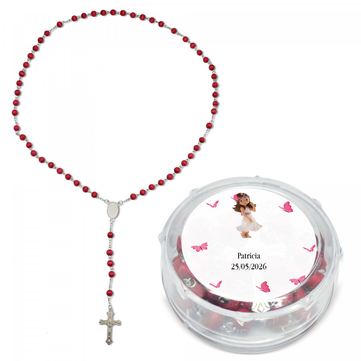 Rosaire parfumé personnalisé avec nom et date sur autocollant fille première communion