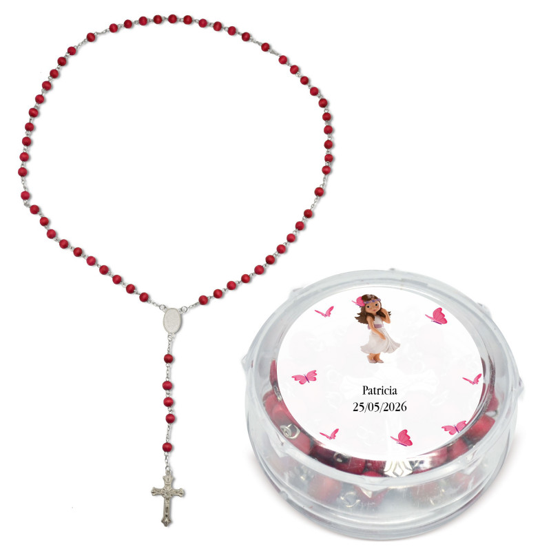 Rosaire parfumé personnalisé avec nom et date sur autocollant fille première communion