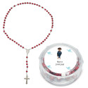 Chapelet parfumé présenté dans une boîte transparente personnalisée avec un autocollant de communion garçon